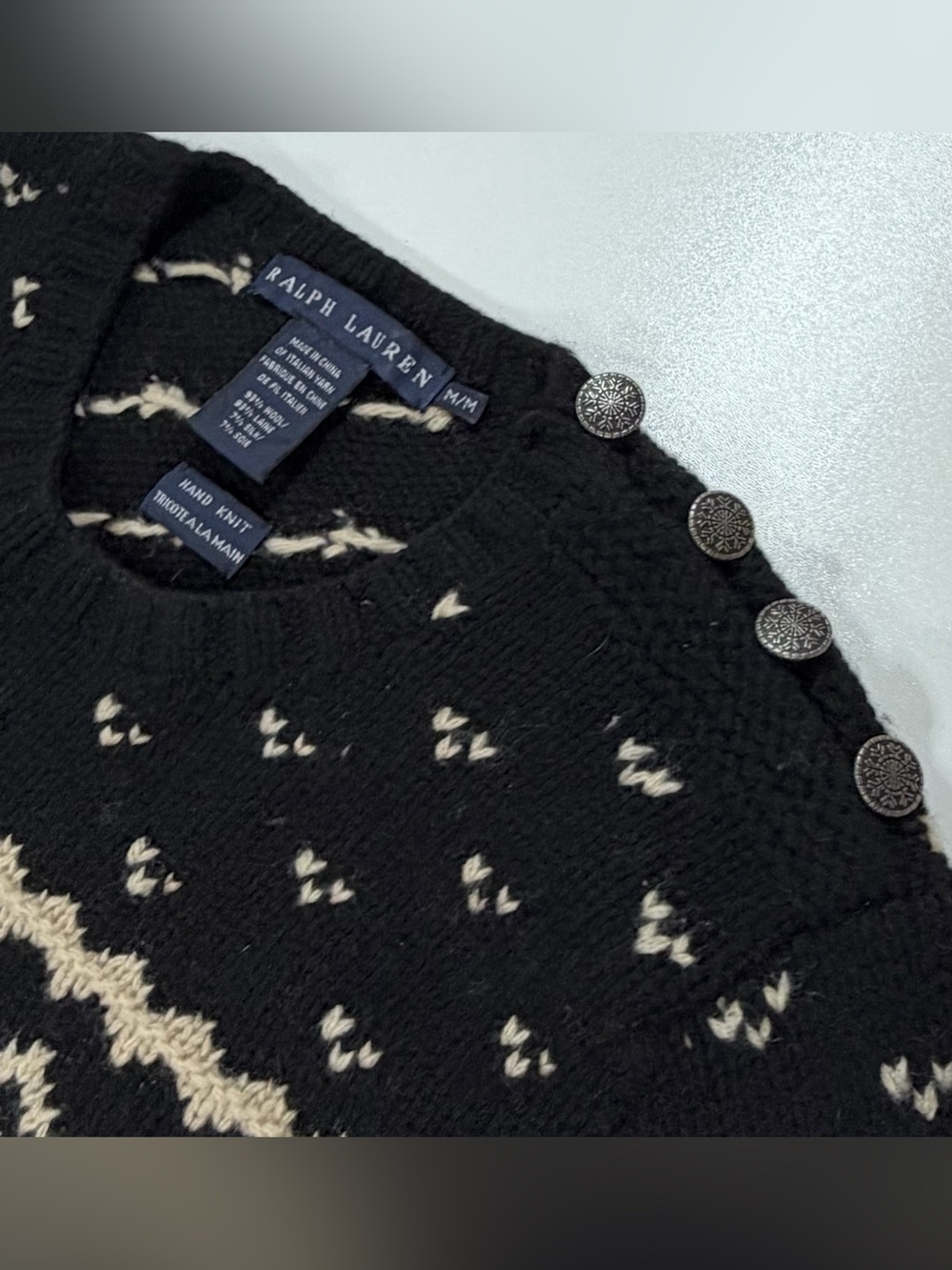 Ralph Lauren Sweater Hand Knit Snowflake Fair Isle Holiday Wool Silk Black Sz M - Picture 6 of 12